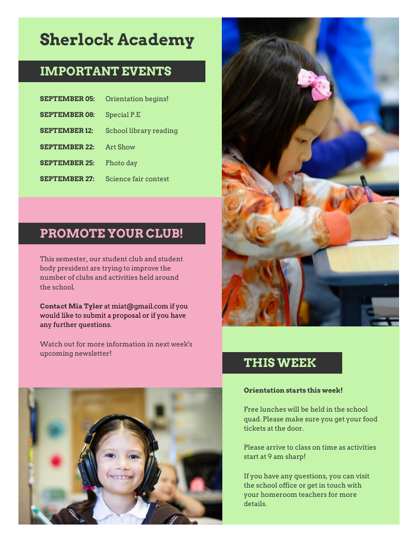 Pink Green School Newsletter Template